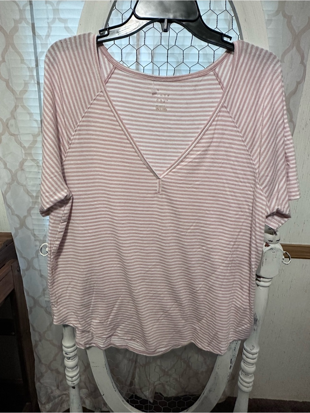 a new day Pink and White Striped V-Neck Short Sleeve Top